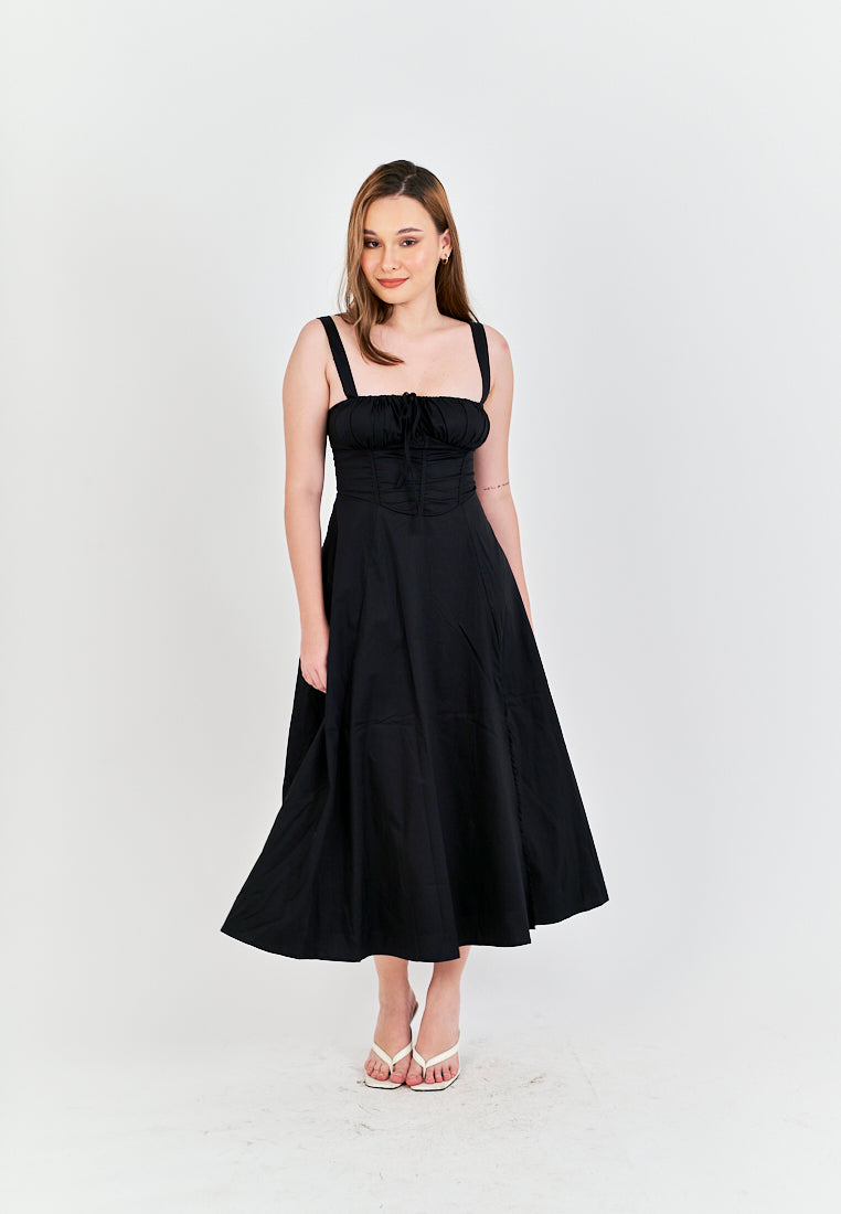 Lylie Black Square Neck Tie Bust Shoulder Strap Side Zipper with Slit Midi Dress