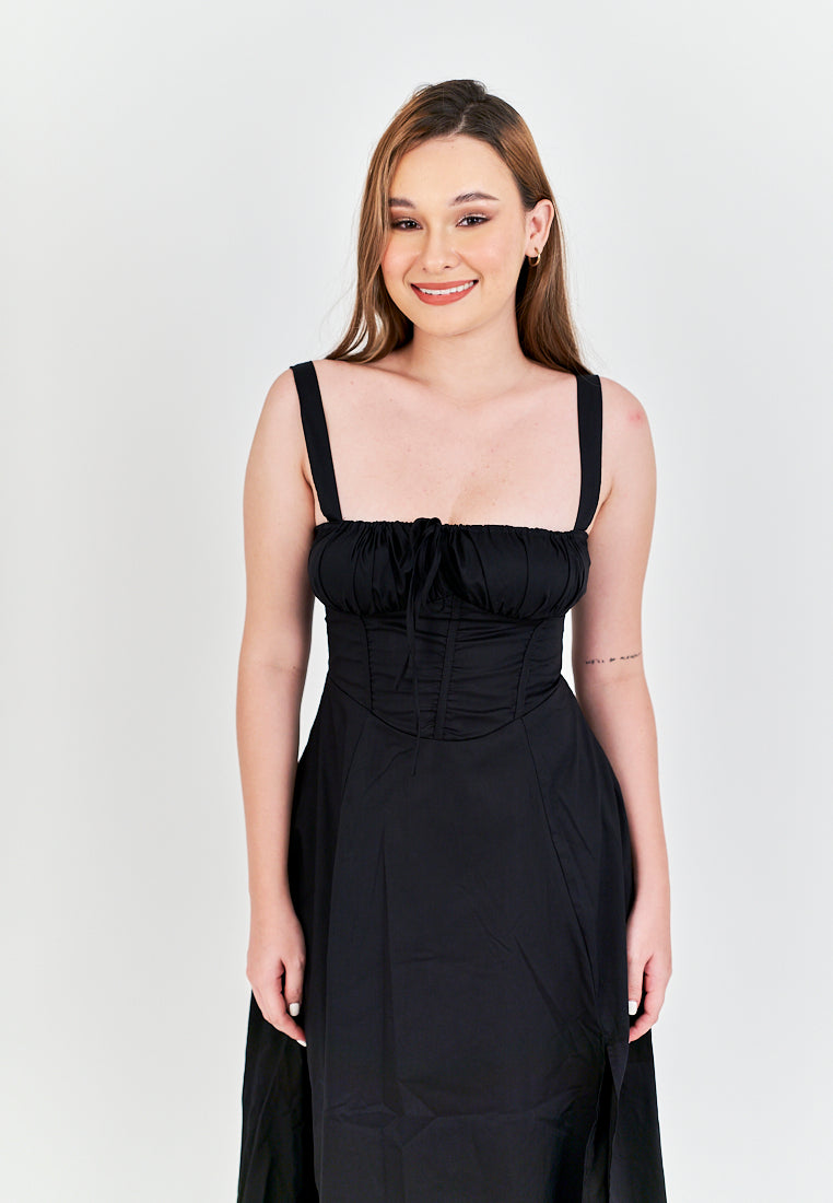 Lylie Black Square Neck Tie Bust Shoulder Strap Side Zipper with Slit Midi Dress