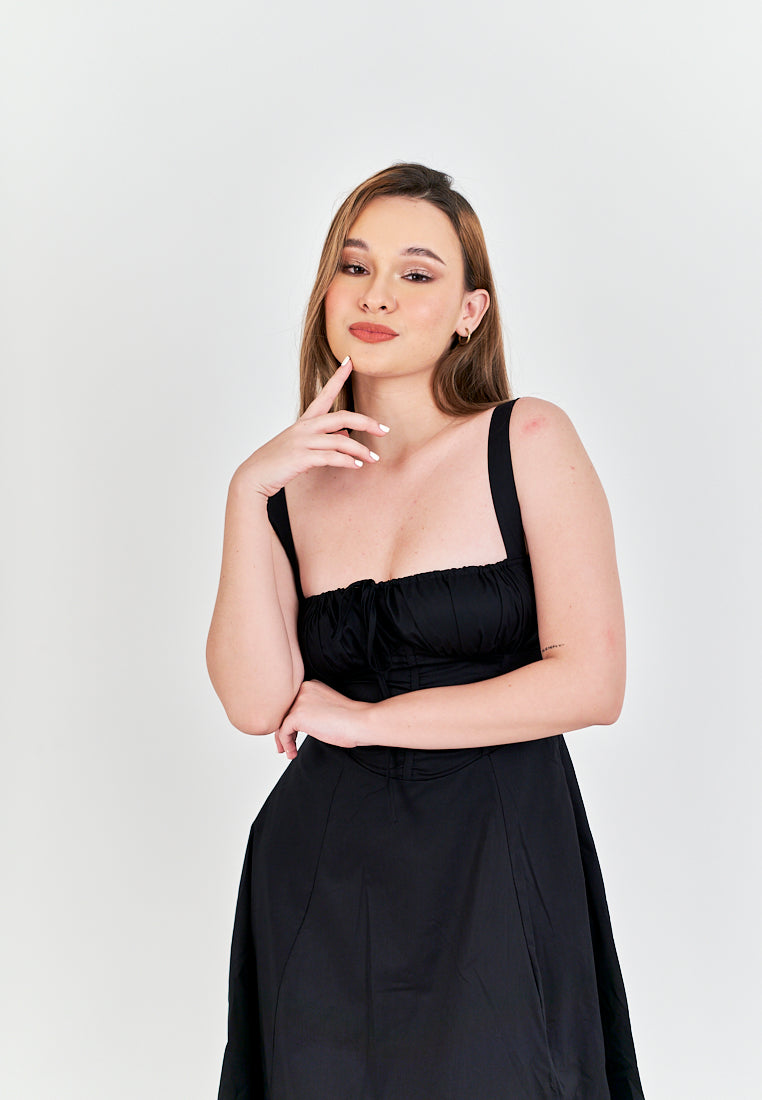 Lylie Black Square Neck Tie Bust Shoulder Strap Side Zipper with Slit Midi Dress