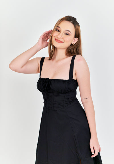 Lylie Black Square Neck Tie Bust Shoulder Strap Side Zipper with Slit Midi Dress