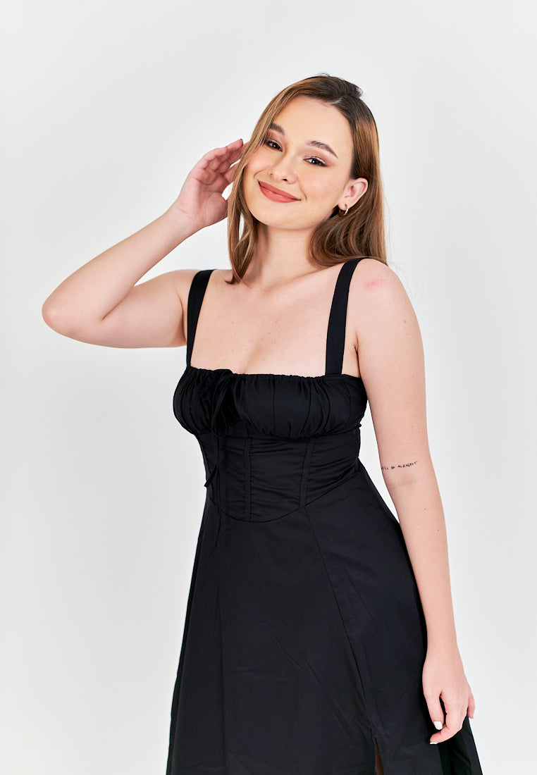 Lylie Black Square Neck Tie Bust Shoulder Strap Side Zipper with Slit Midi Dress