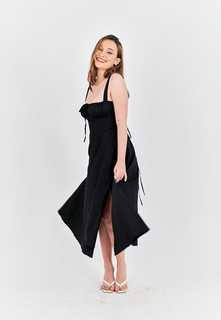 Lylie Black Square Neck Tie Bust Shoulder Strap Side Zipper with Slit Midi Dress
