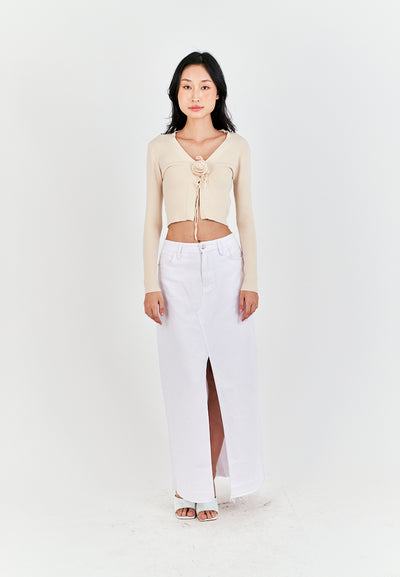 Saniel Beige Knitted V Neck Front Bow Long Sleeves Cardigan Top