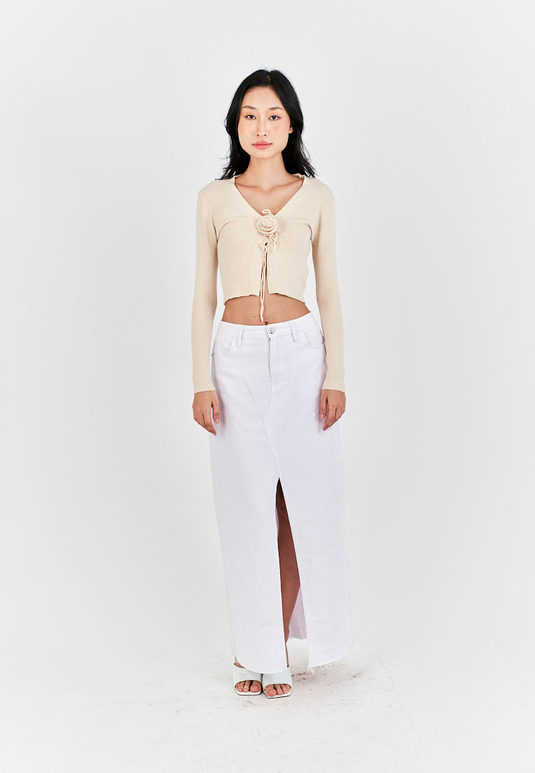 Saniel Beige Knitted V Neck Front Bow Long Sleeves Cardigan Top