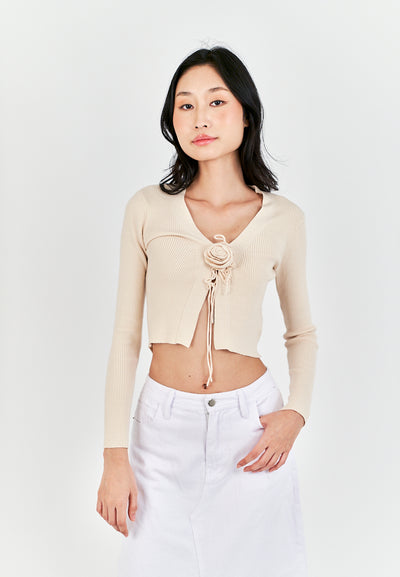 Saniel Beige Knitted V Neck Front Bow Long Sleeves Cardigan Top