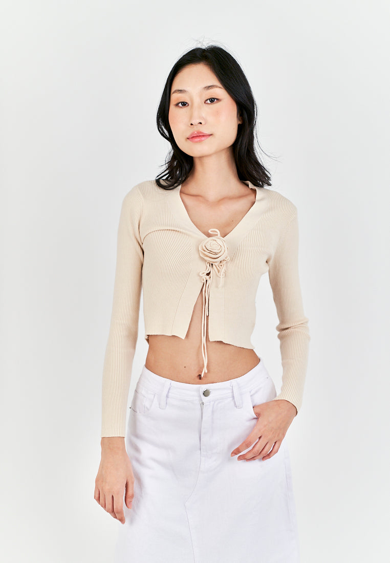 Saniel Beige Knitted V Neck Front Bow Long Sleeves Cardigan Top