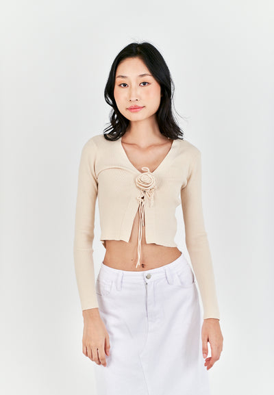 Saniel Beige Knitted V Neck Front Bow Long Sleeves Cardigan Top
