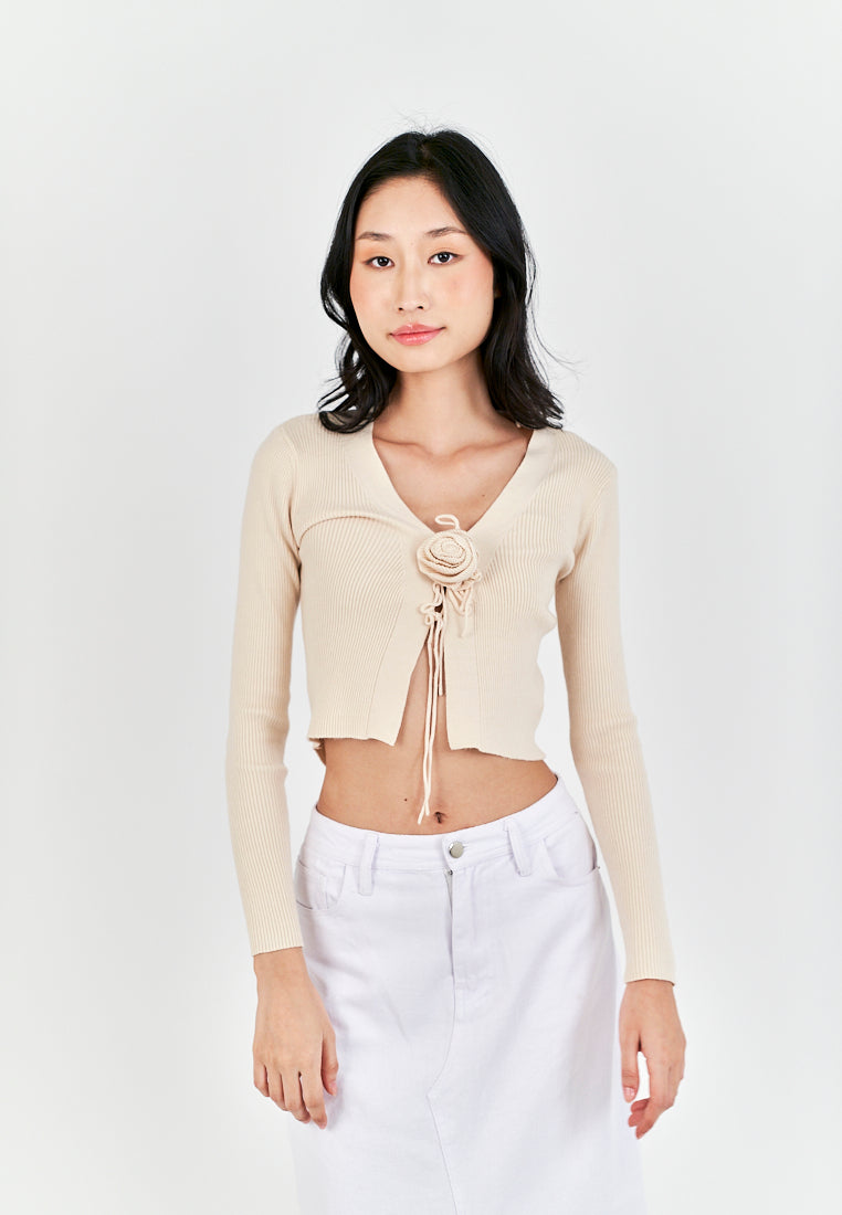 Saniel Beige Knitted V Neck Front Bow Long Sleeves Cardigan Top
