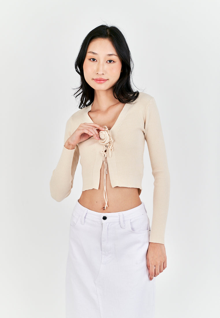 Saniel Beige Knitted V Neck Front Bow Long Sleeves Cardigan Top