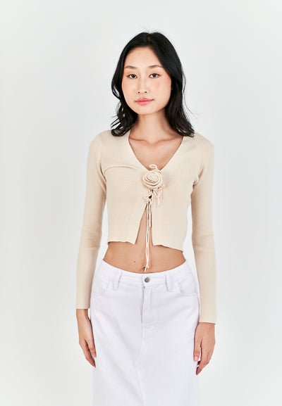 Saniel Beige Knitted V Neck Front Bow Long Sleeves Cardigan Top