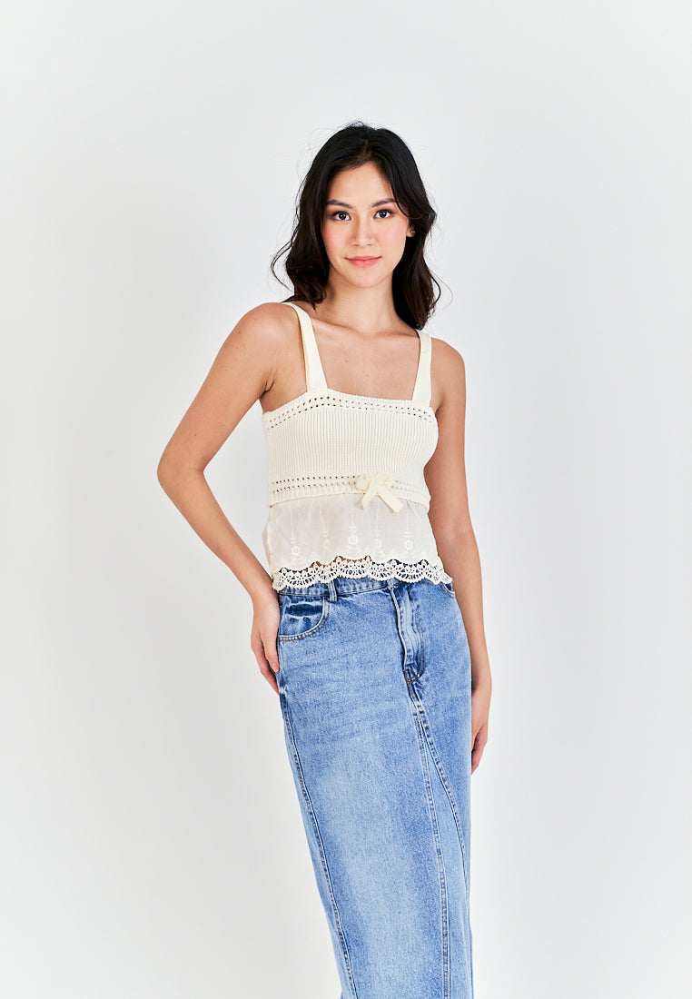 Sereia Beige Knitted Square Neck Front Bow Lace Hem Sleeveless Top