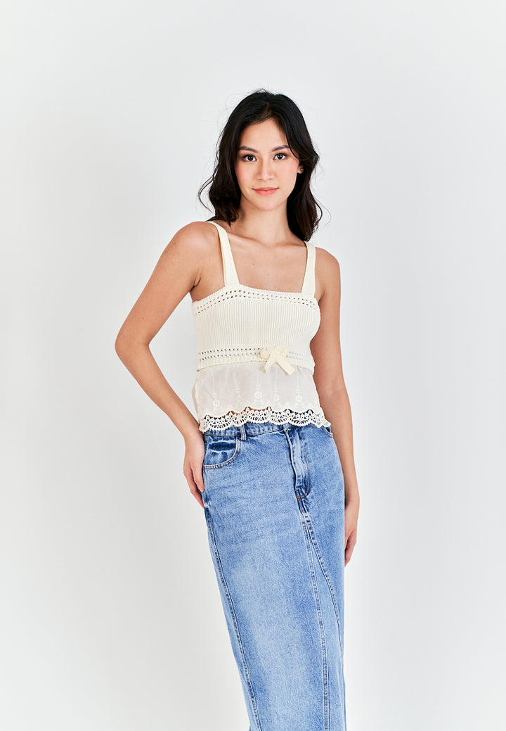 Sereia Beige Knitted Square Neck Front Bow Lace Hem Sleeveless Top