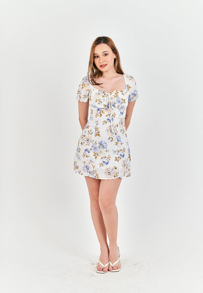Maely White with Blue Floral Bow Bust Back Zipper Short Sleeves Mini Dress