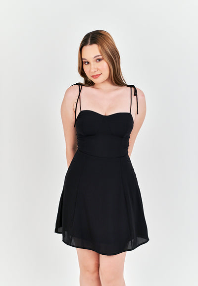Franze Black V Neckline Sleeveless Self Tie Mini Dress