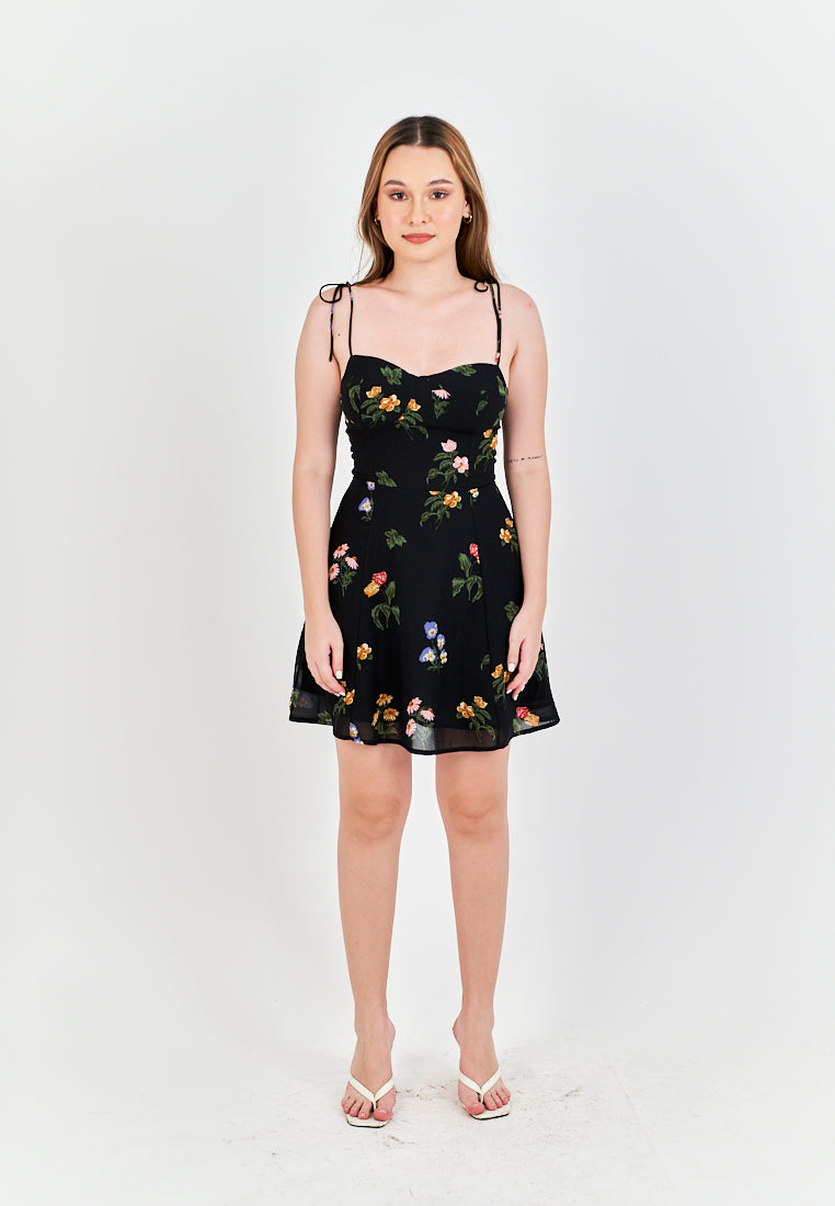 Adelita Black Floral All Over Print Sleeveless Self Tie Mini Dress