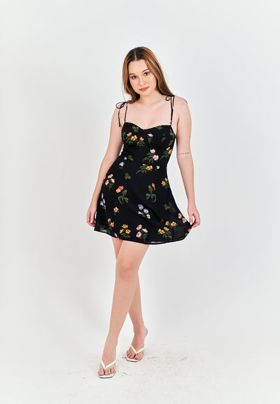 Adelita Black Floral All Over Print Sleeveless Self Tie Mini Dress
