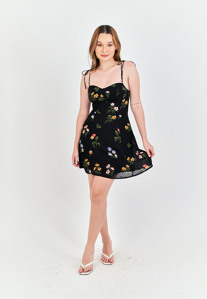 Adelita Black Floral All Over Print Sleeveless Self Tie Mini Dress