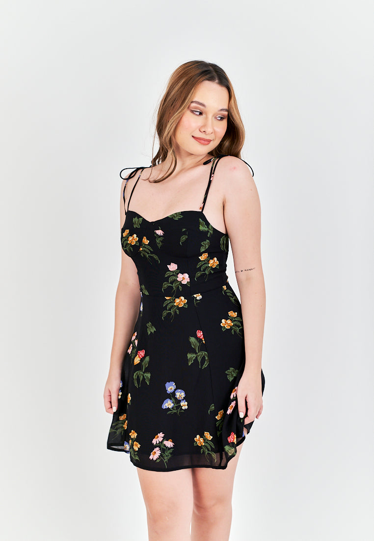 Adelita Black Floral All Over Print Sleeveless Self Tie Mini Dress