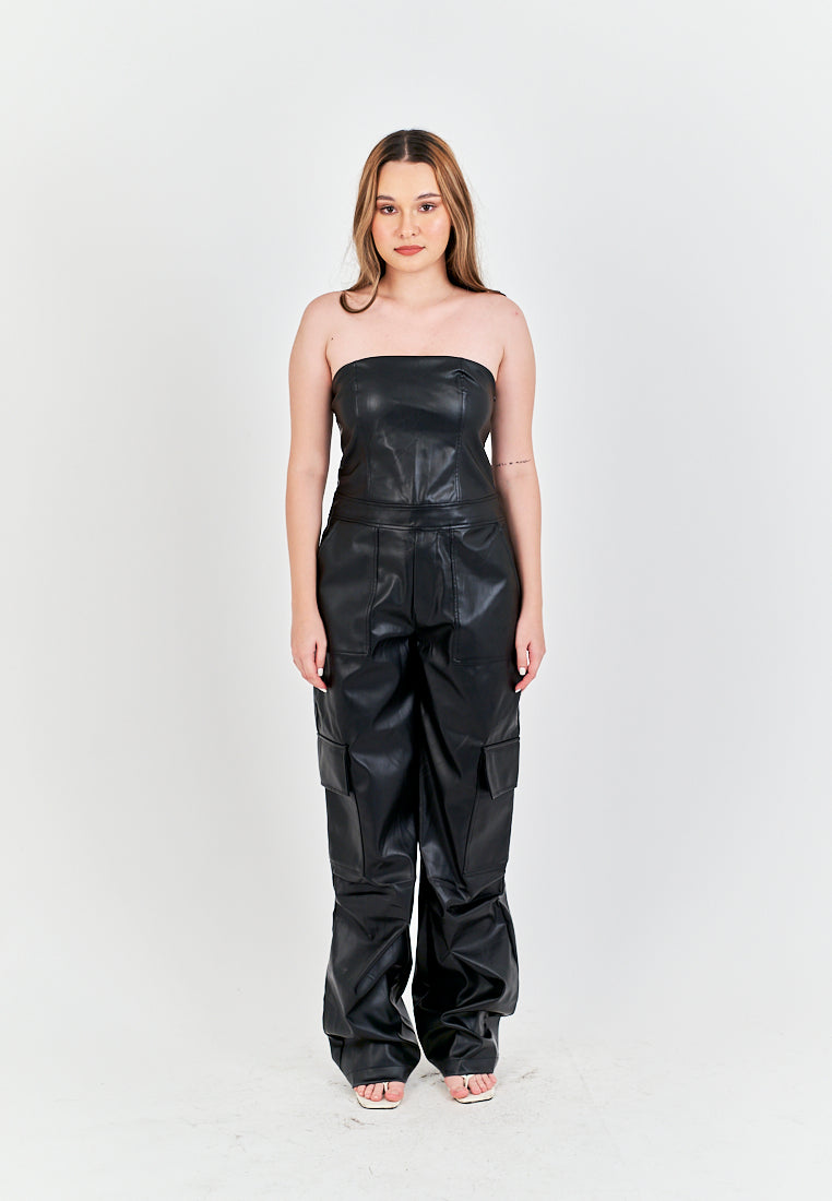 Seymour Black Leather Sleeveless Side Zipper with Pockets Tube Jumpsuit