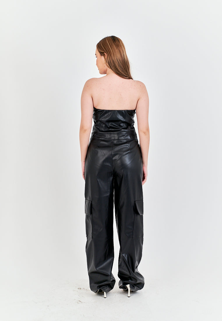 Seymour Black Leather Sleeveless Side Zipper with Pockets Tube Jumpsuit