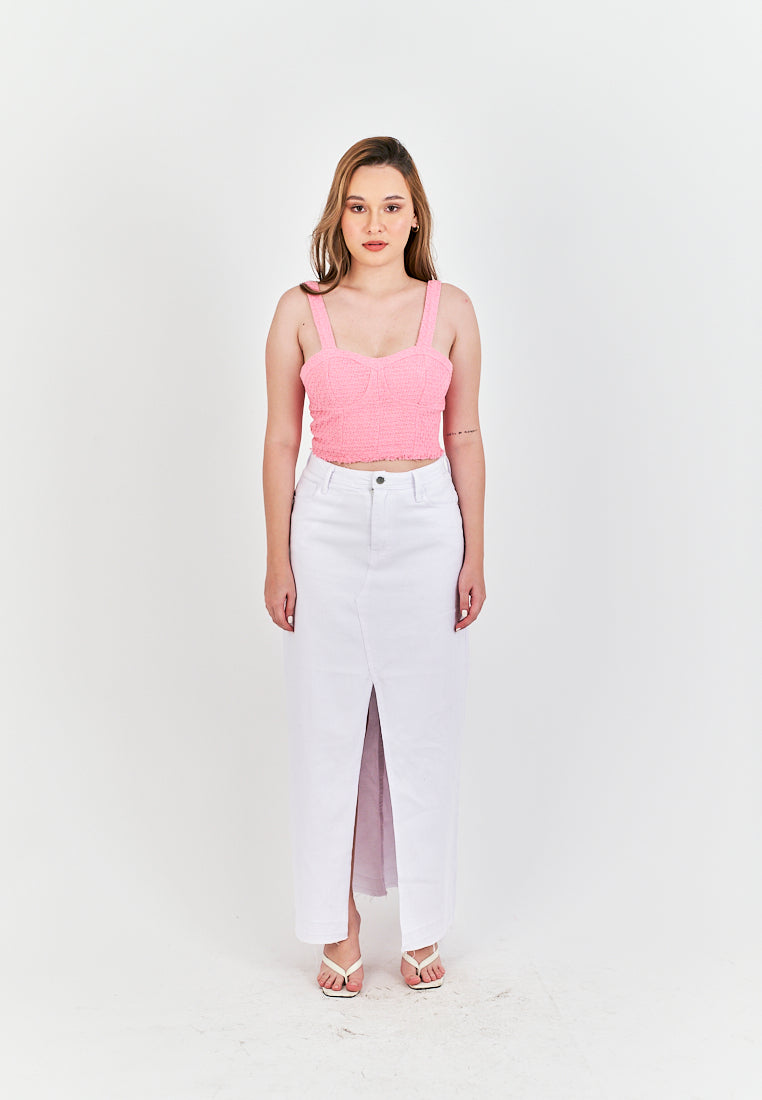 (PRE-ORDER: ETA September 15) Zacky White Denim Zipper Fly Front Slit Raw Hem Midi Skirt with Belt Loop