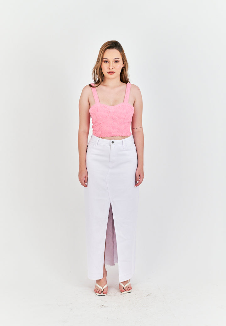 (PRE-ORDER: ETA September 15) Zacky White Denim Zipper Fly Front Slit Raw Hem Midi Skirt with Belt Loop