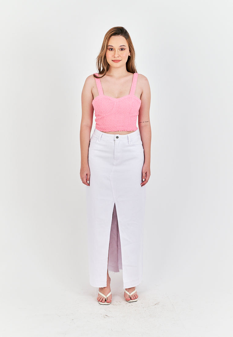 (PRE-ORDER: ETA September 15) Zacky White Denim Zipper Fly Front Slit Raw Hem Midi Skirt with Belt Loop