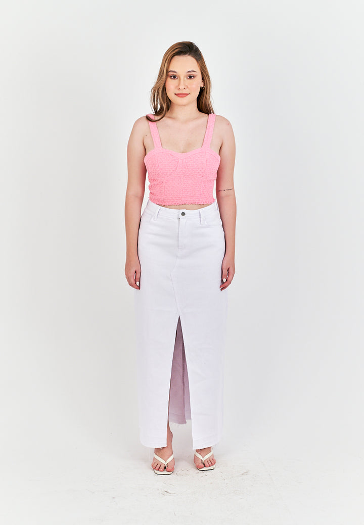 (PRE-ORDER: ETA September 15) Zacky White Denim Zipper Fly Front Slit Raw Hem Midi Skirt with Belt Loop
