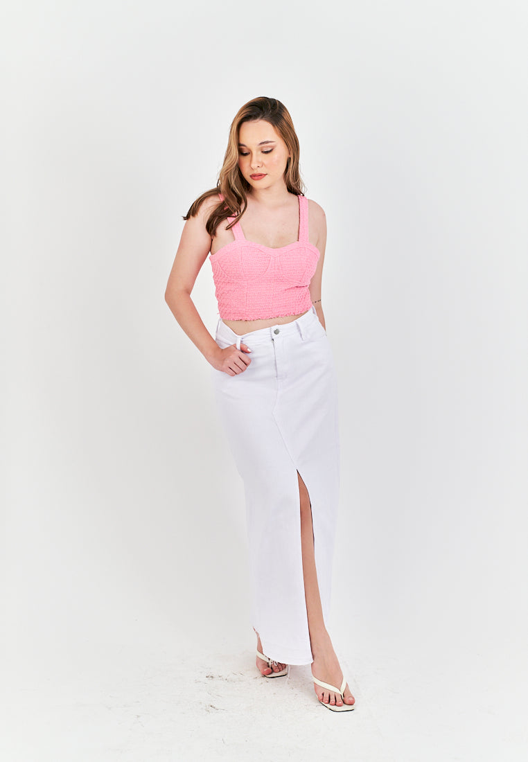 (PRE-ORDER: ETA September 15) Zacky White Denim Zipper Fly Front Slit Raw Hem Midi Skirt with Belt Loop
