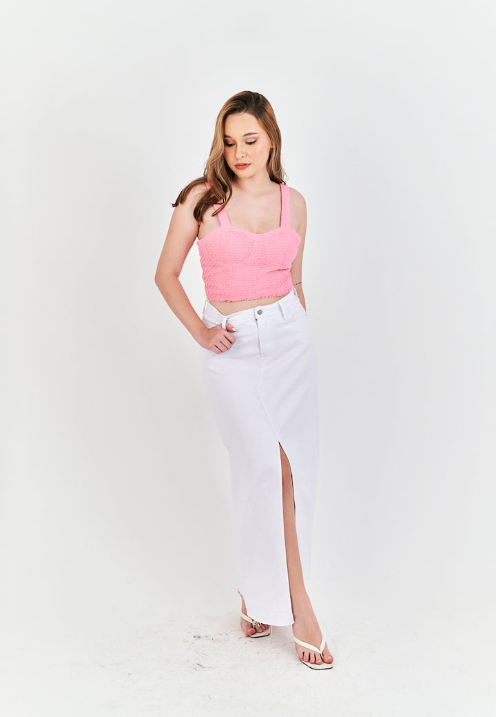 (PRE-ORDER: ETA September 15) Zacky White Denim Zipper Fly Front Slit Raw Hem Midi Skirt with Belt Loop