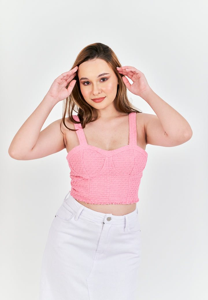 Barbie Pink Tweed Shaped Bust Side Zipper Raw Hem Sleeveless Top