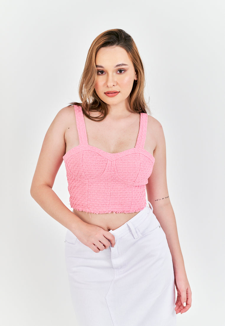 Barbie Pink Tweed Shaped Bust Side Zipper Raw Hem Sleeveless Top