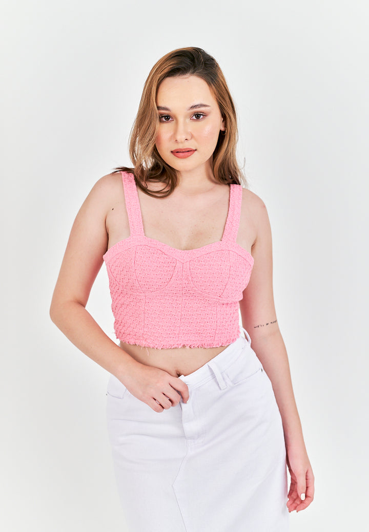 Barbie Pink Tweed Shaped Bust Side Zipper Raw Hem Sleeveless Top
