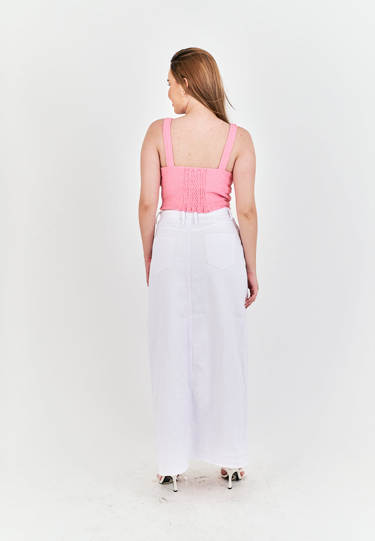 (PRE-ORDER: ETA September 15) Zacky White Denim Zipper Fly Front Slit Raw Hem Midi Skirt with Belt Loop