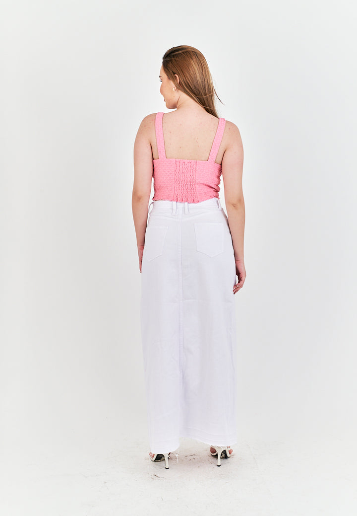 (PRE-ORDER: ETA September 15) Zacky White Denim Zipper Fly Front Slit Raw Hem Midi Skirt with Belt Loop