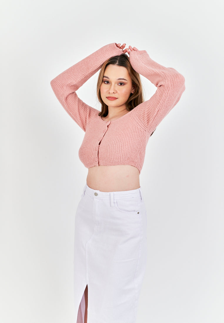 Avone Pink Knitted Button Down Long Seeves Crop Top