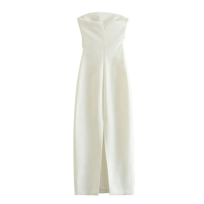 Lyte White Ruched Sides Back Slit Tube Midi Dress