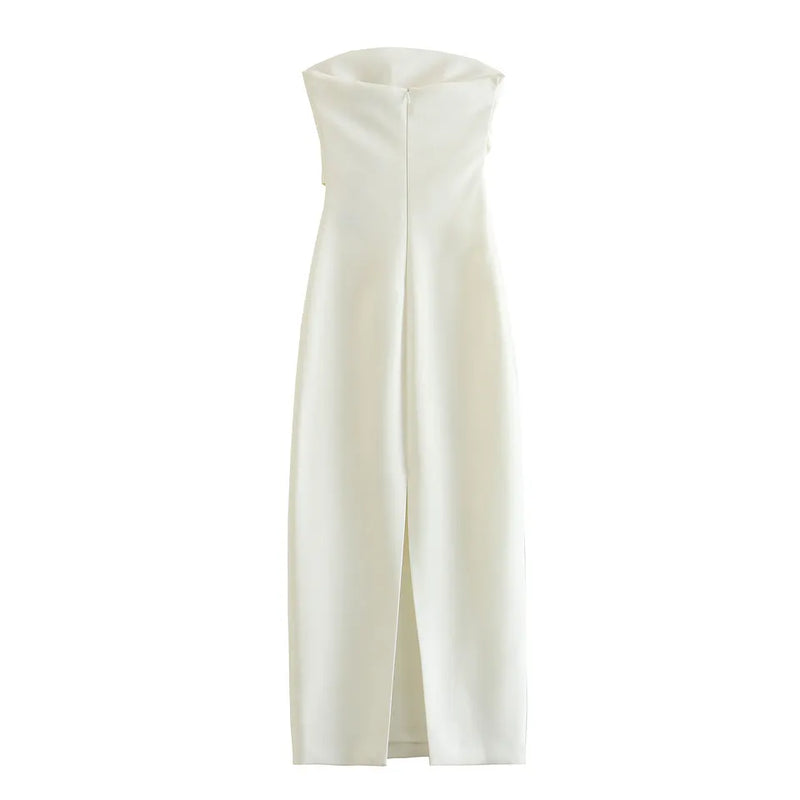 Lyte White Ruched Sides Back Slit Tube Midi Dress