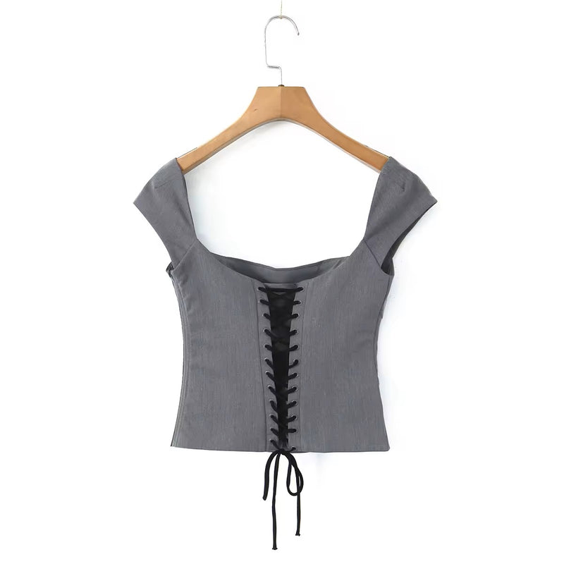 Lanisha Stone Gray Square Neck Cap Sleeves Lace Up Back Crop Top