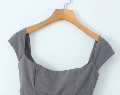 Lanisha Stone Gray Square Neck Cap Sleeves Lace Up Back Crop Top