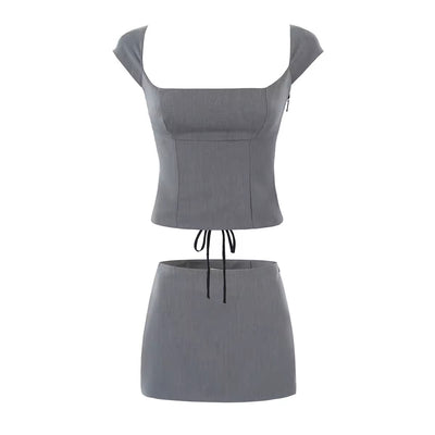 Lanisha Stone Gray Square Neck Cap Sleeves Lace Up Back Crop Top