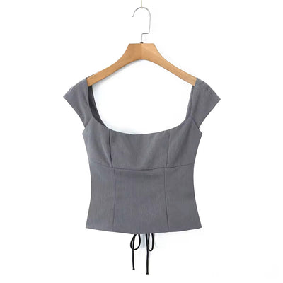 Lanisha Stone Gray Square Neck Cap Sleeves Lace Up Back Crop Top