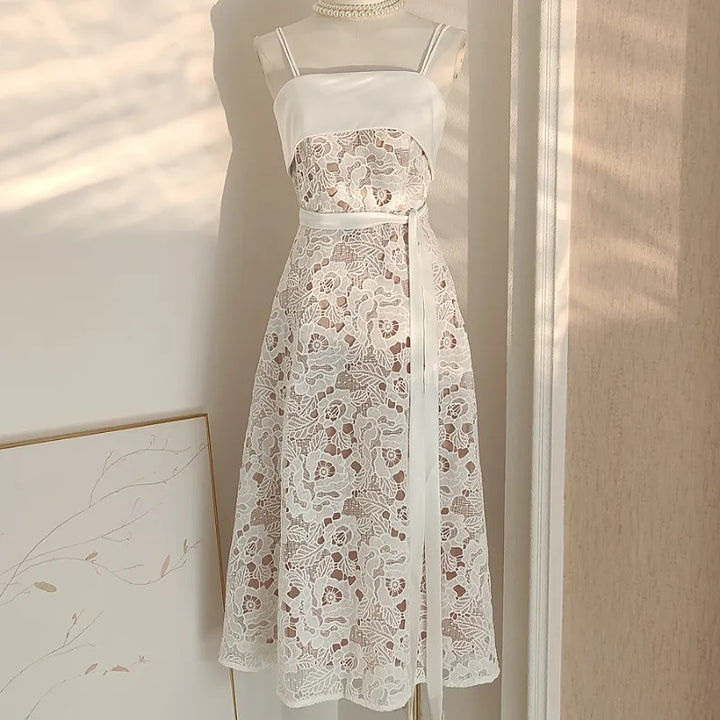 Levant White Floral Embroidery Stitching Lace Up Waist Slimming Camisole Gown Maxi Dress