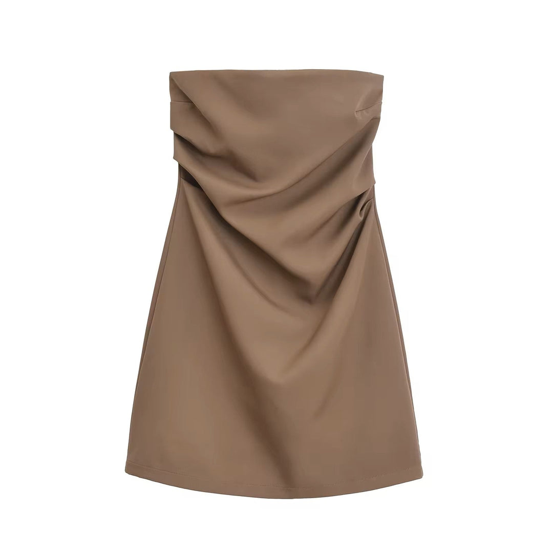 Lizett Cedar Brown Pleated Zipper Back Tube Mini Dress