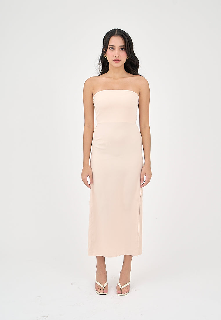 Solana Blush Pink with Slit Tube Midi Dress