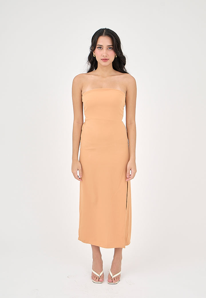 Solana Pastel Orange with Slit Tube Midi Dress