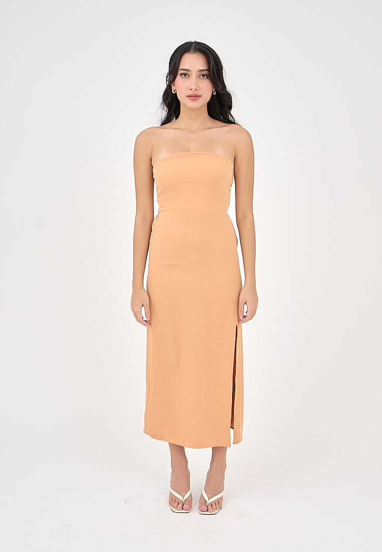 Solana Pastel Orange with Slit Tube Midi Dress