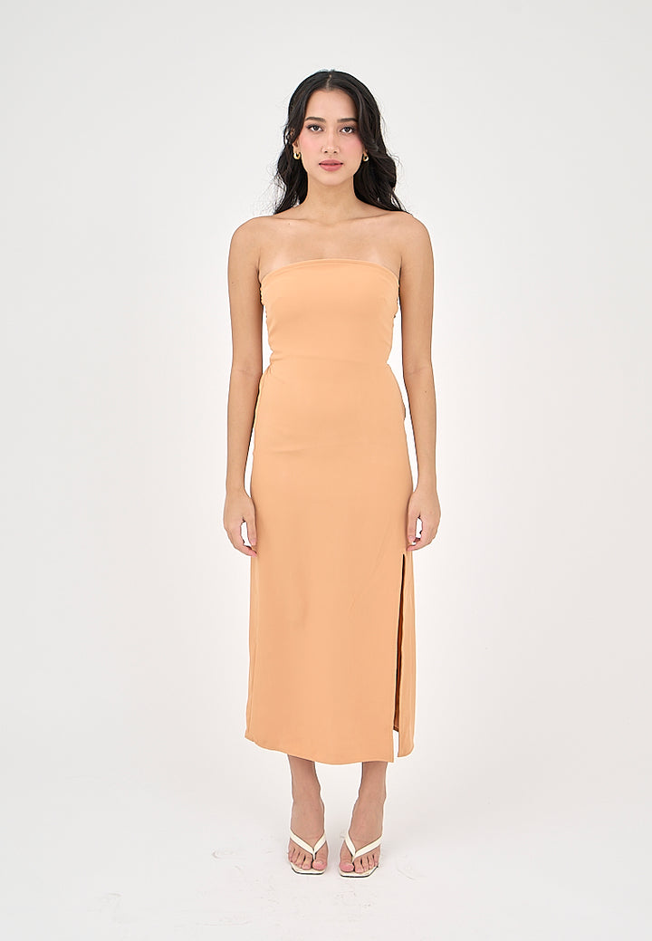 Solana Pastel Orange with Slit Tube Midi Dress