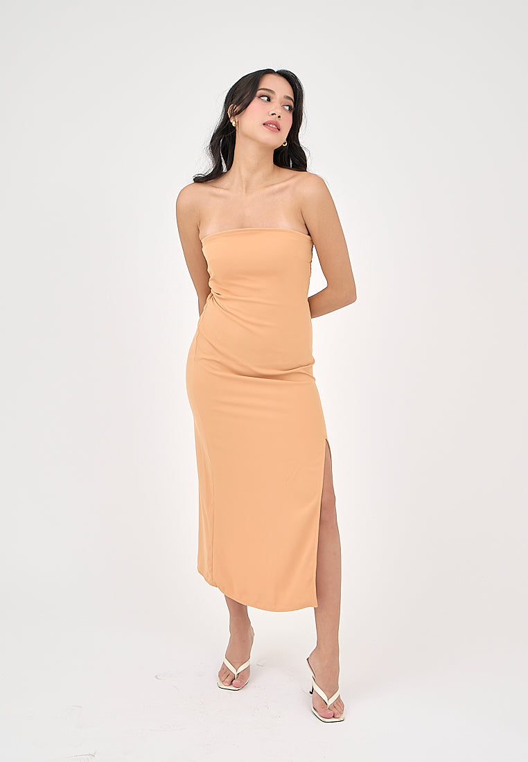 Solana Pastel Orange with Slit Tube Midi Dress