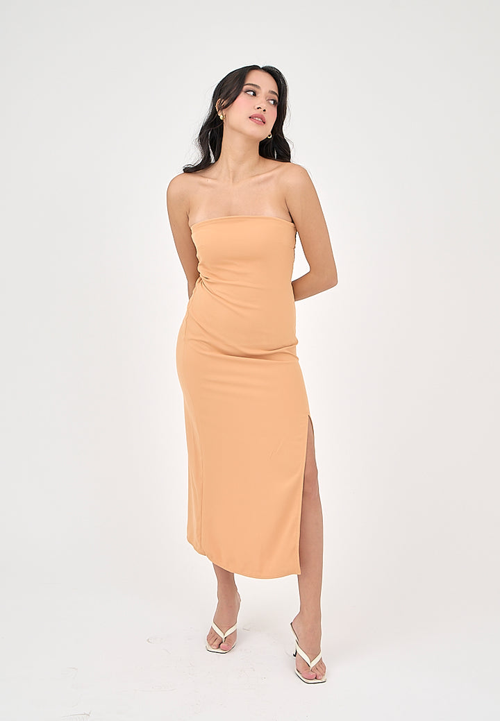 Solana Pastel Orange with Slit Tube Midi Dress